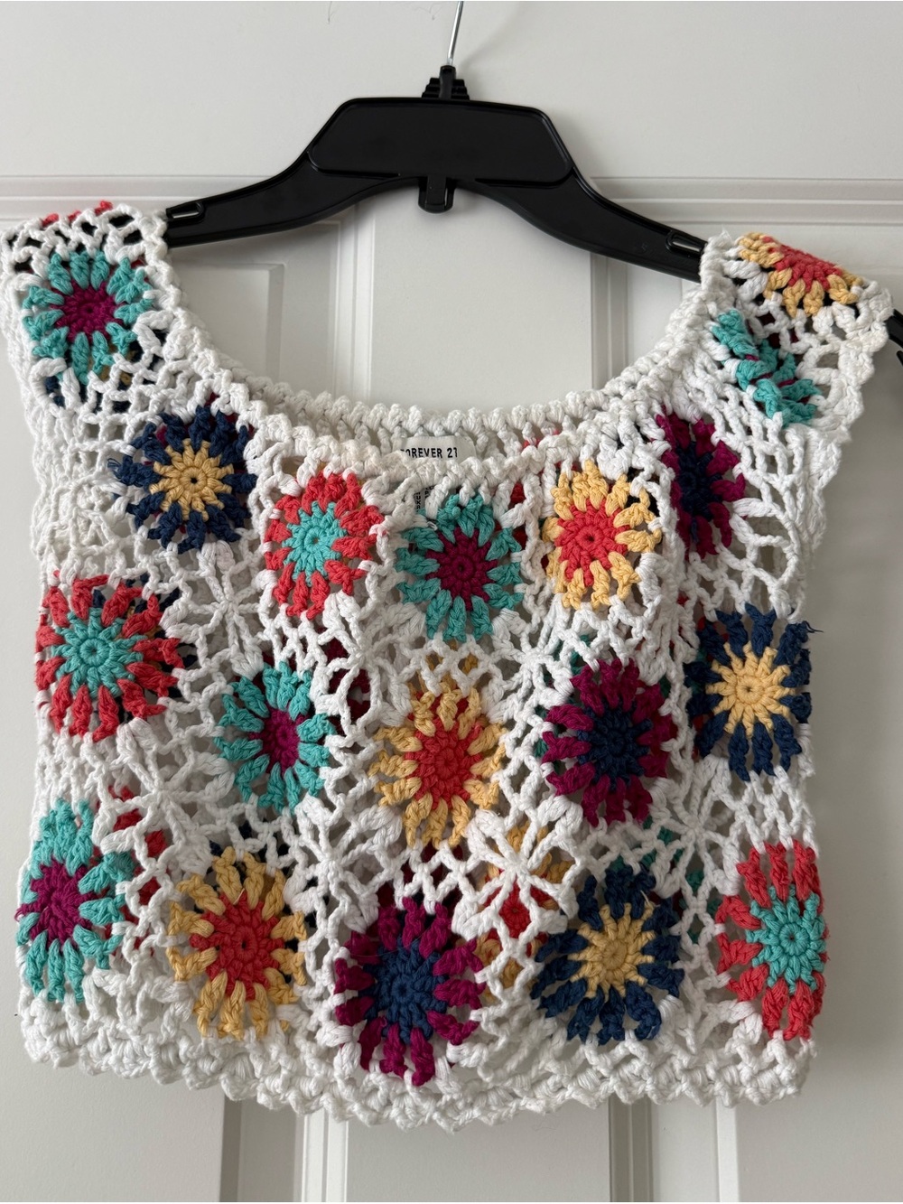 Forever 21 White Crochet Crop Top with Multicolor Floral Motifs